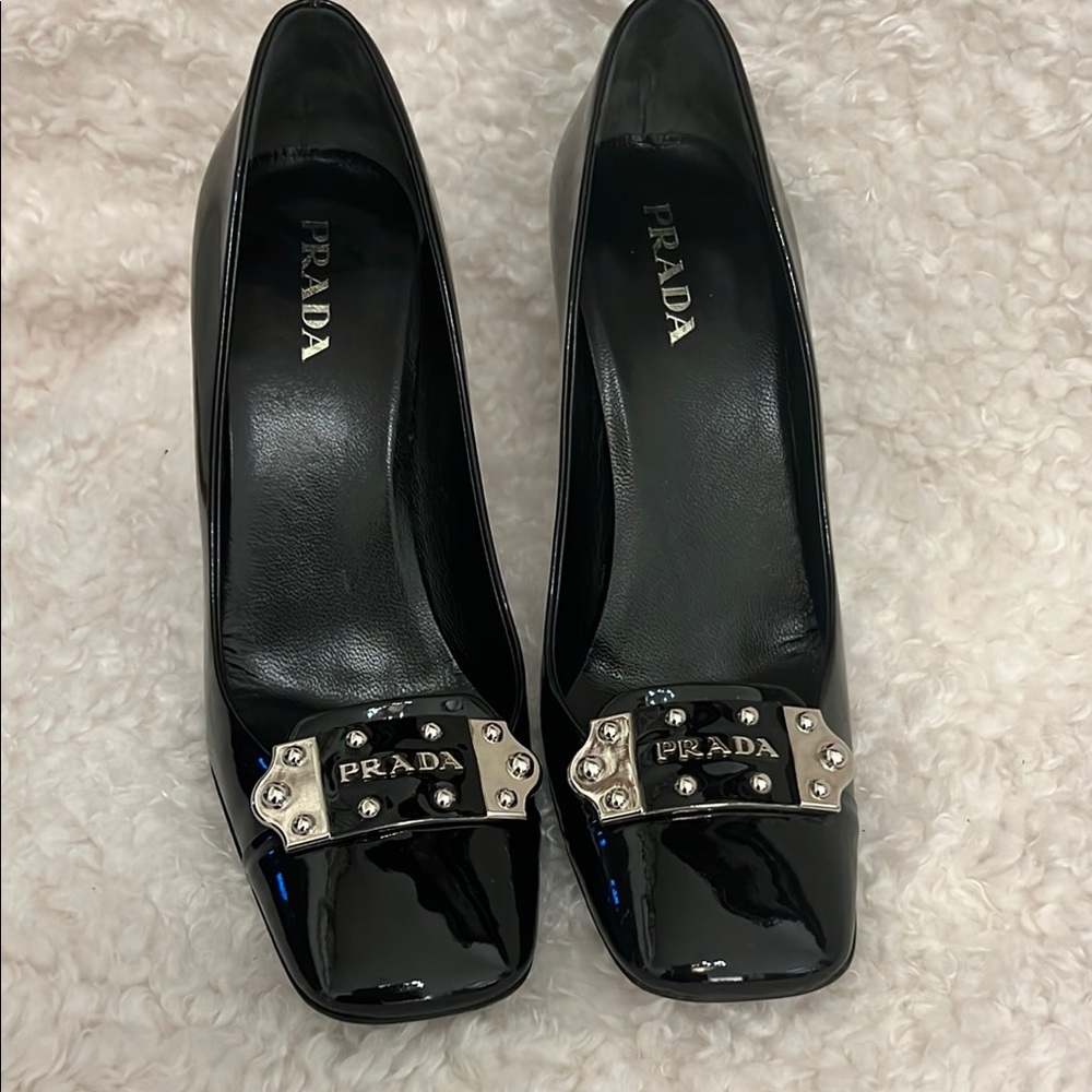 Prada Black Patent Leather Studded Logo Buckle Pumps size 39